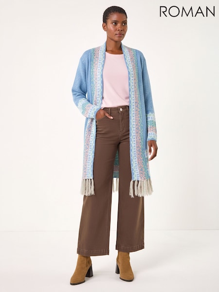Blue - Roman Patterened Fringe Cardigan