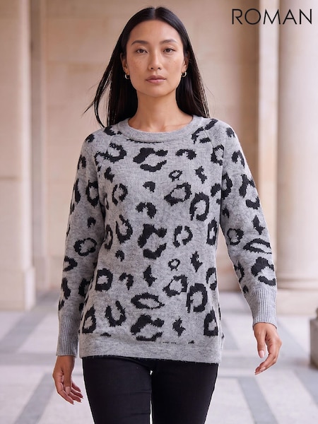 Grey - Roman Jacquard Animal Print Jumper