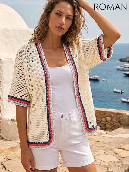 White - Roman Pattern Crochet Knit Cardigan