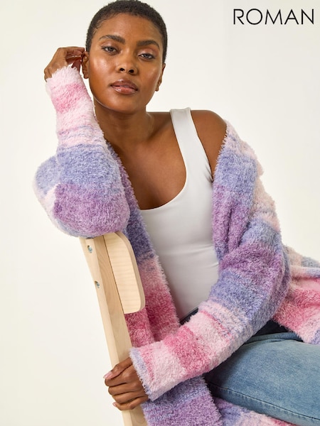 Pink - Roman Fluffy Stripe Longline Cardigan