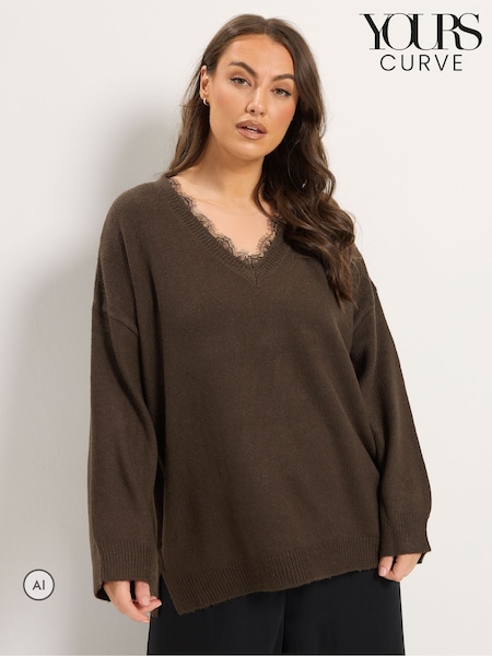 Brown - Yours Curve Lace V-neck Jumper