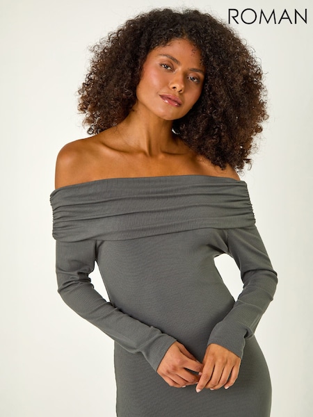 Grey - Roman Off The Shoulder Stretch Bardot Midi Dress