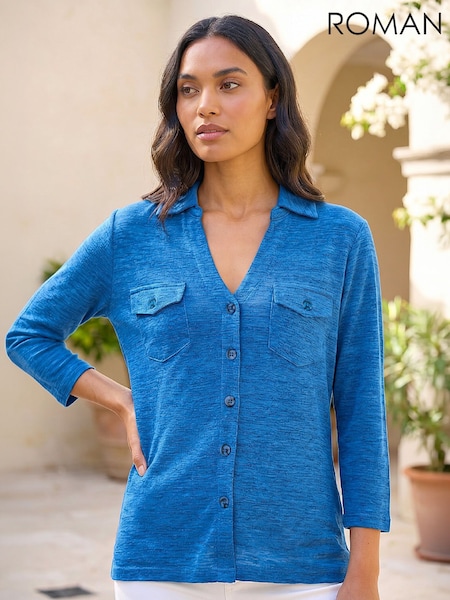 Blå - Roman Bluse med lommer foran og Stretch