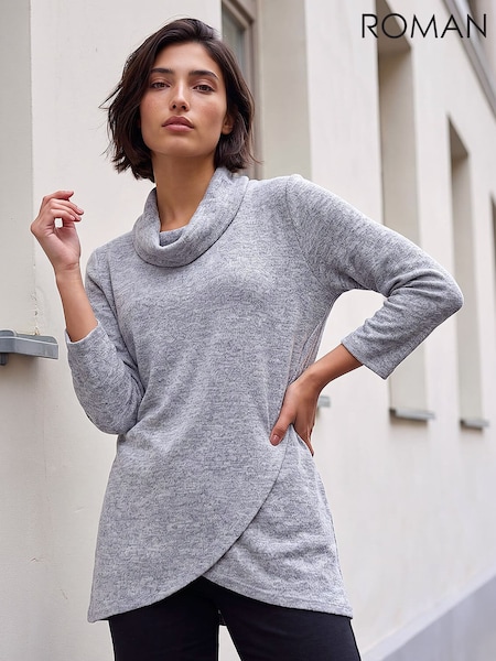 Grey - Roman Petite Brushed Knit Wrap Top