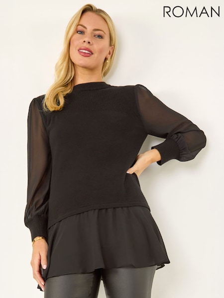 Black - Roman Petite Contrast Chiffon Knit Jumper