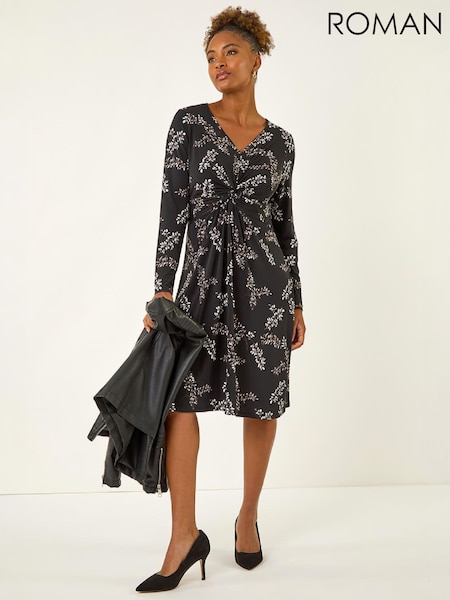 Black - Roman Floral Print Twist Front Midi Dress