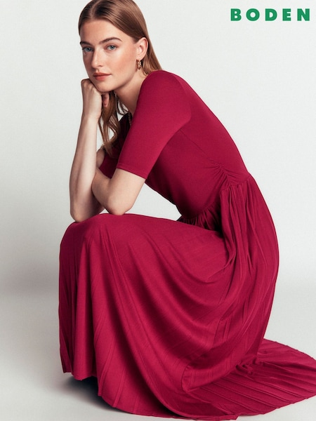 Red - Boden Pleated Jersey Midi Dress