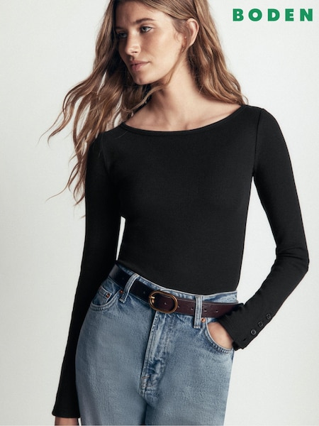 Black - Boden Button Cuff Ribbed Boatneck Long Sleeve T-shirt