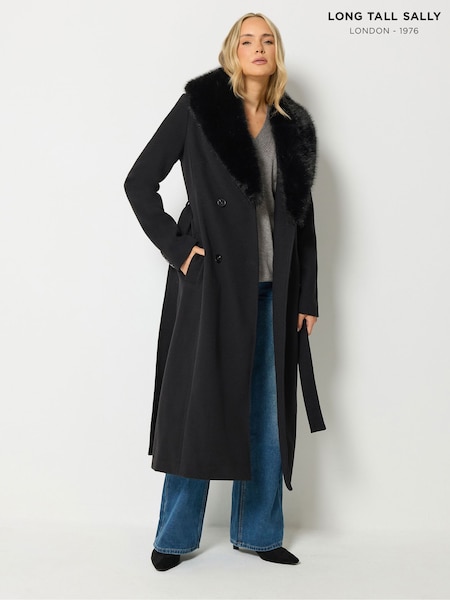 Black - Long Tall Sally Faux Fur Collar Midi Coat