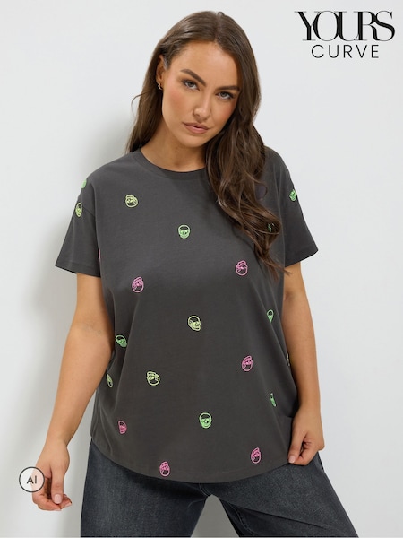Сұр - Yours Curve Core Skull Embroidered T-shirt