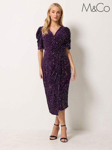 Purple - M&co Velvet Short Sleeve Sequin Wrap Dress