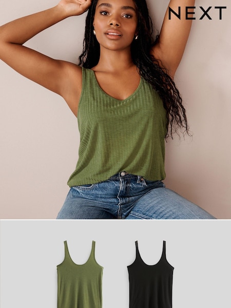 Negru/ Verde kaki - Tricouri decoltate Striat nerigide cu bretele 2 Pachet (244089) | 141 LEI
