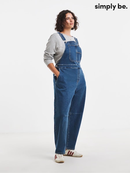 Blue - Simply Be Barrel Leg Denim Dungarees