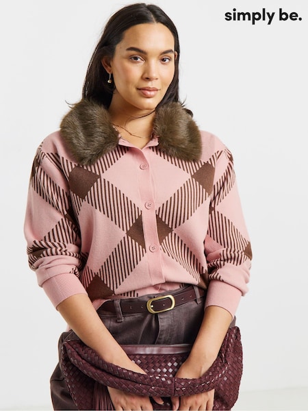 Pink - Simply Be Fur Collared Check Cardigan
