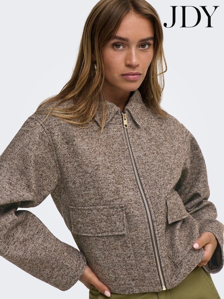 Brown - Jdy Zip Herringbone Jacket
