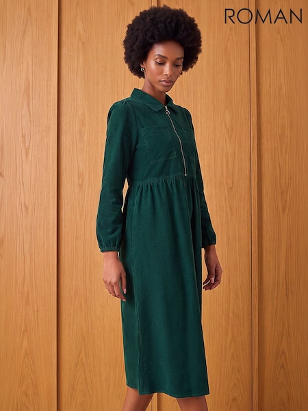 Green - Roman Zip Detail Cord Midi Dress
