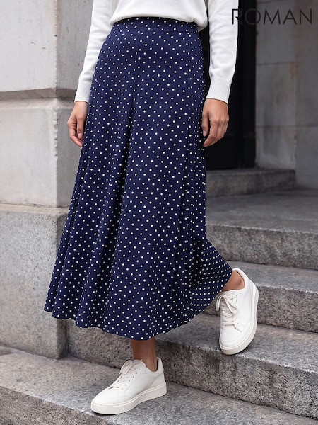 Blue - Roman Polka Dot Midi Skirt