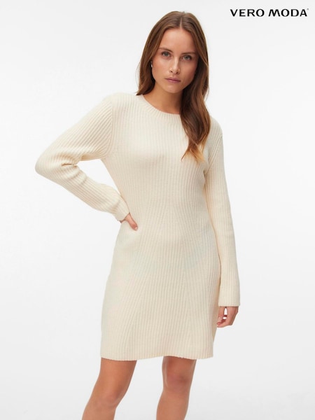 Crema - Vero Moda Long Sleeve Ribbed Knitted Dress
