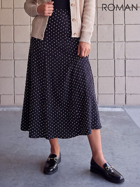 Black - Roman Polka Dot Midi Skirt