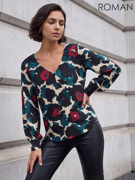 Green - Roman Animal V-neck Top