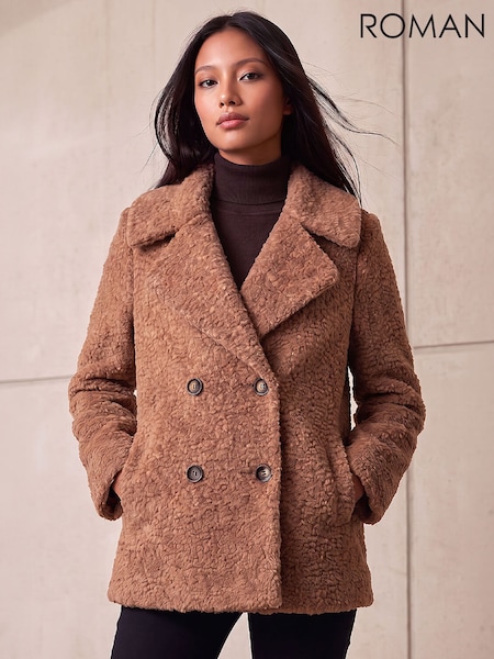 Tan Brown - Roman Petite Double Breasted Boucle Coat
