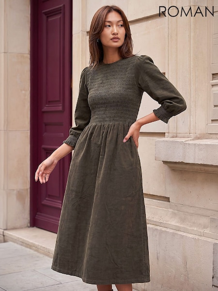 Vert - Robe mi-longue Roman en velours côtelé froncé