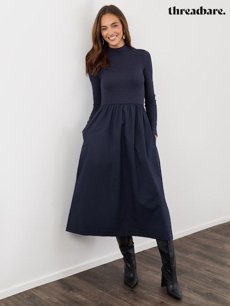 Blue - Threadbare Cotton Blend Ribbed Jersey High Neck Midaxi Dress