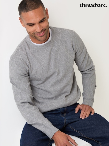 Grey - Regular Threadbare Diamond Textured Crew Neck Jumper