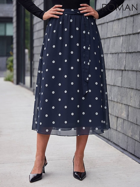 Blau - Roman Polka Dot A-line Belted Skirt