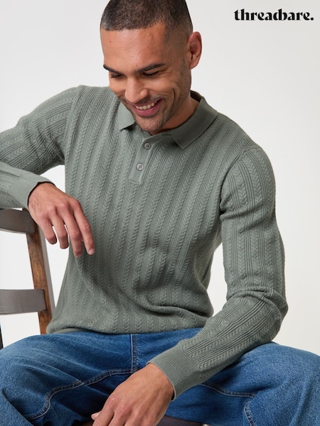Green - Regular Threadbare Textured Cable Knit Polo Jumper