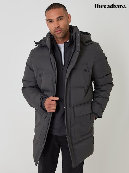 Gri - Regular Threadbare Showerproof Hooded Puffer Coat With Adjustable Waist