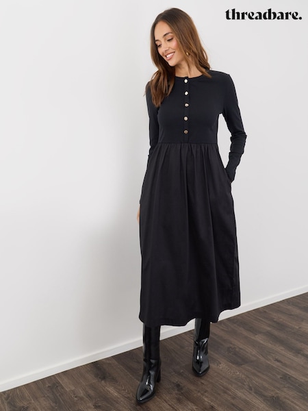 Black - Threadbare Ribbed Jersey Button Up Midaxi Dress