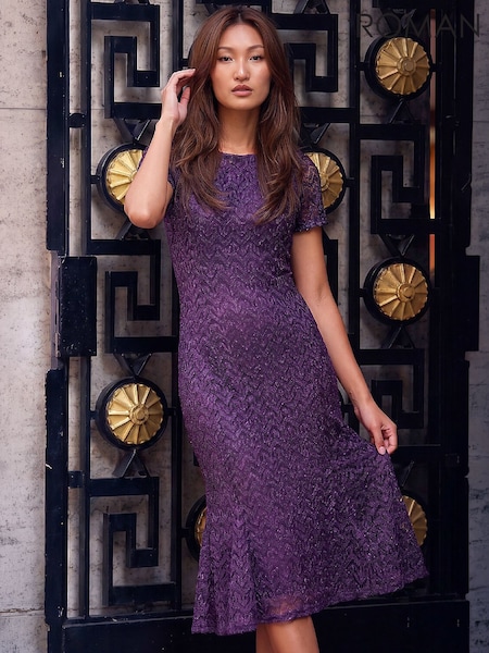 Purple - Roman Sparkle Lace Midi Dress