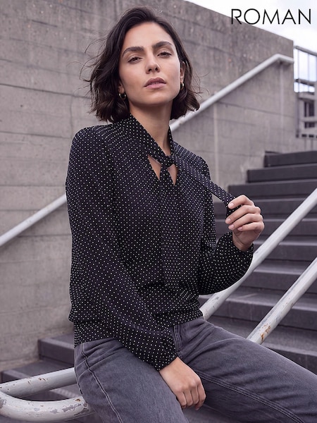 Black - Roman Tie Neck Polka Dot Top