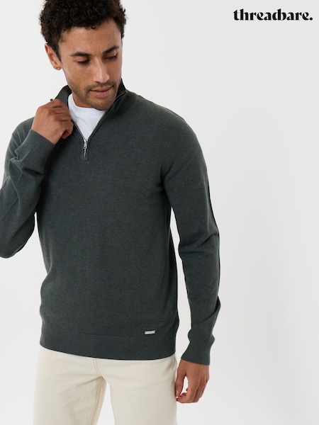 Tumši zaļa - Regular Threadbare Funnel Quarter Zip Knitted Jumper