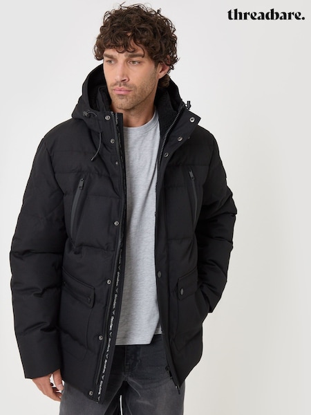 Black - Regular Threadbare Showerproof Hooded Puffer Coat With Borg Lined Hood