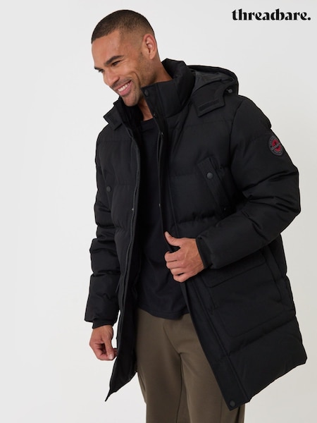 Black - Regular Threadbare Showerproof Hooded Puffer Coat With Adjustable Waist