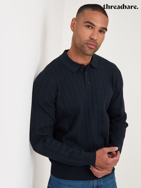 Blue - Regular Threadbare Textured Cable Knit Polo Jumper