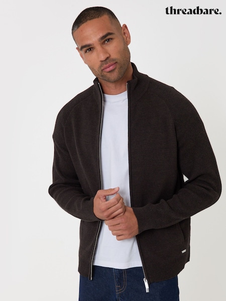 Brown - Regular Threadbare Knitted Zip Up Funnel Neck Cardigan