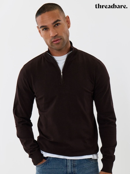 Tummanruskea - Regular Threadbare Funnel Quarter Zip Knitted Jumper