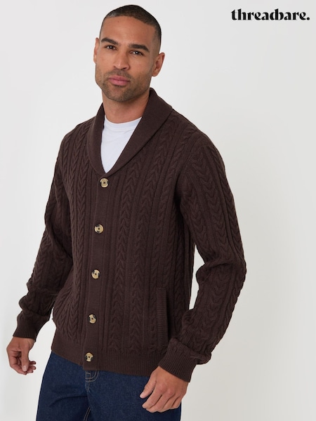 Brown - Regular Threadbare Cable Knit Shawl Cardigan