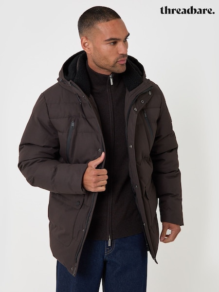Brown - Regular Threadbare Showerproof Hooded Puffer Coat With Borg Lined Hood