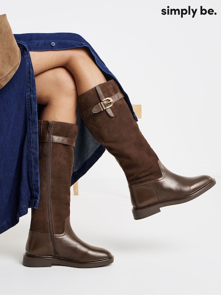 Brun - Simply Be Leather Flat Knee High Riding Boots