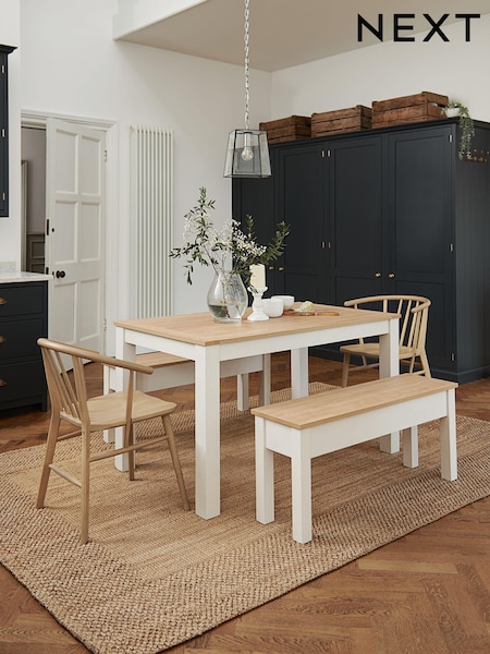 Classic Cream Malvern Oak Effect Dining Table and Bench Set (247874) | €580