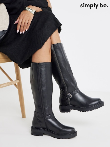 أسود - Simply Be Zip Detail Knee High Boots