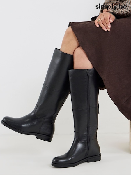 Schwarz - Simply Be Leather Flat Knee High Boots