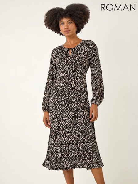 Brown - Roman Spot Print Keyhole Midi Dress