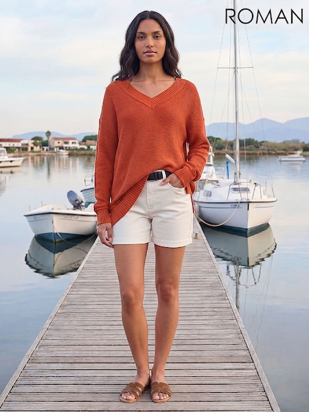 Orange - Roman Ribbed V-neck Boyfriend Jumper