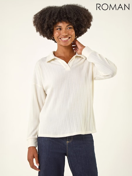 Neutralna boja - Roman Ribbed Collared Stretch Top