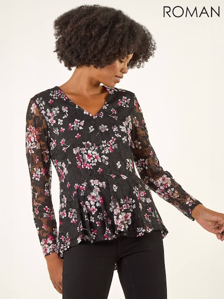 Black - Roman Printed Mesh V-neck Top
